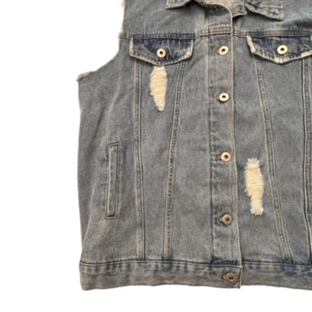 Love Tree Sleeveless Denim Jacket Vest Size Large Distressed Raw Hem BOHO - Picture 6 of 9